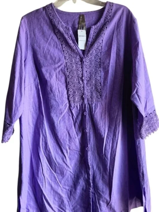 1X🌸Penningtons Purple linen-blend tunic V-neckline and adorning the sleeve hems - Picture 2 of 8